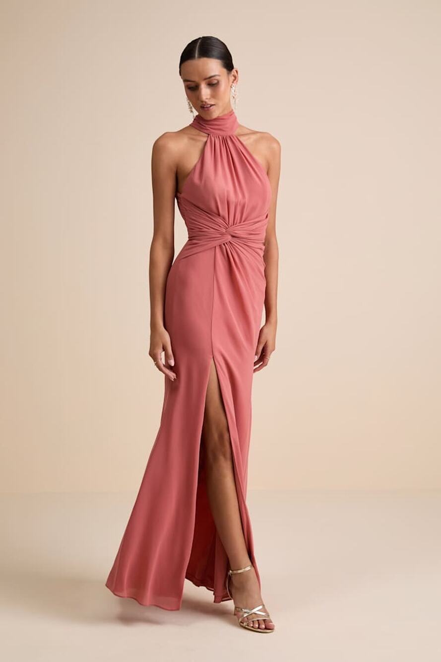 NWT Lulus Lavinia Rusty Rose Mock Neck Backless Maxi Dress Bridesmaid Gala Sz XL